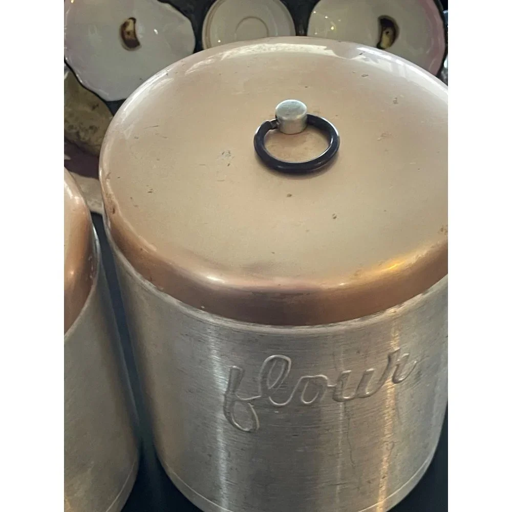 Heller Hostess Ware Aluminum Canisters PINK/PEACH LID FLOUR SUGAR PULL RING